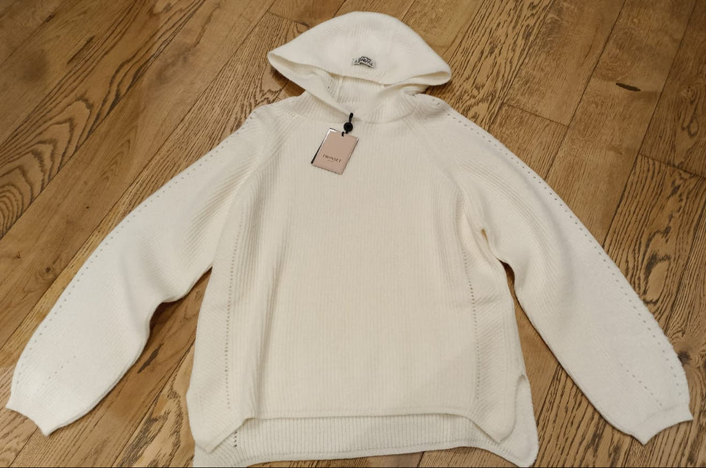 TWIN-SET MAGLIA CON CAPPUCCIO PANNA