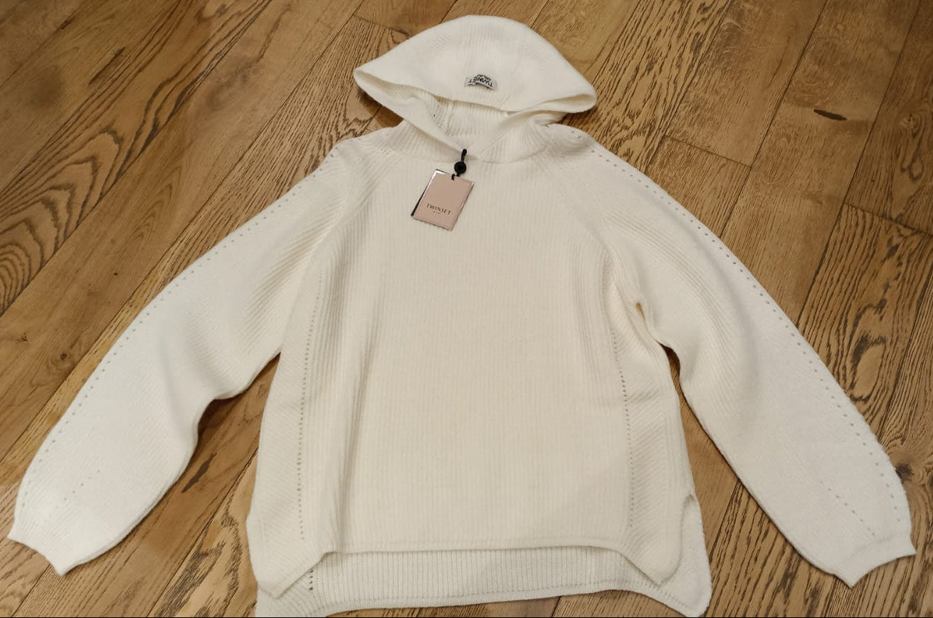 TWIN-SET MAGLIA CON CAPPUCCIO PANNA